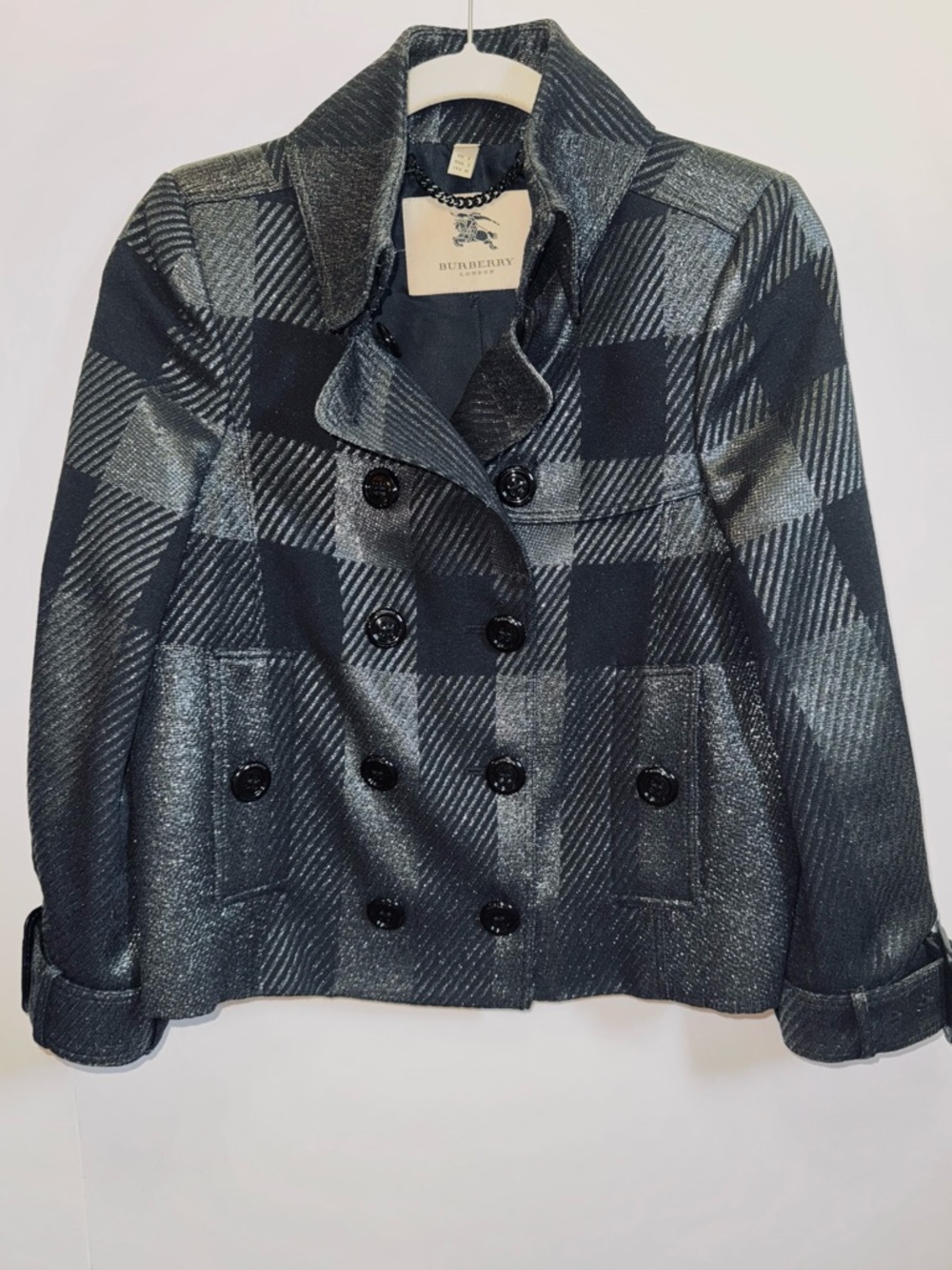 Burberry London Metallic Black & Gray Plaid Double-Breasted Jacket Blazer Coat